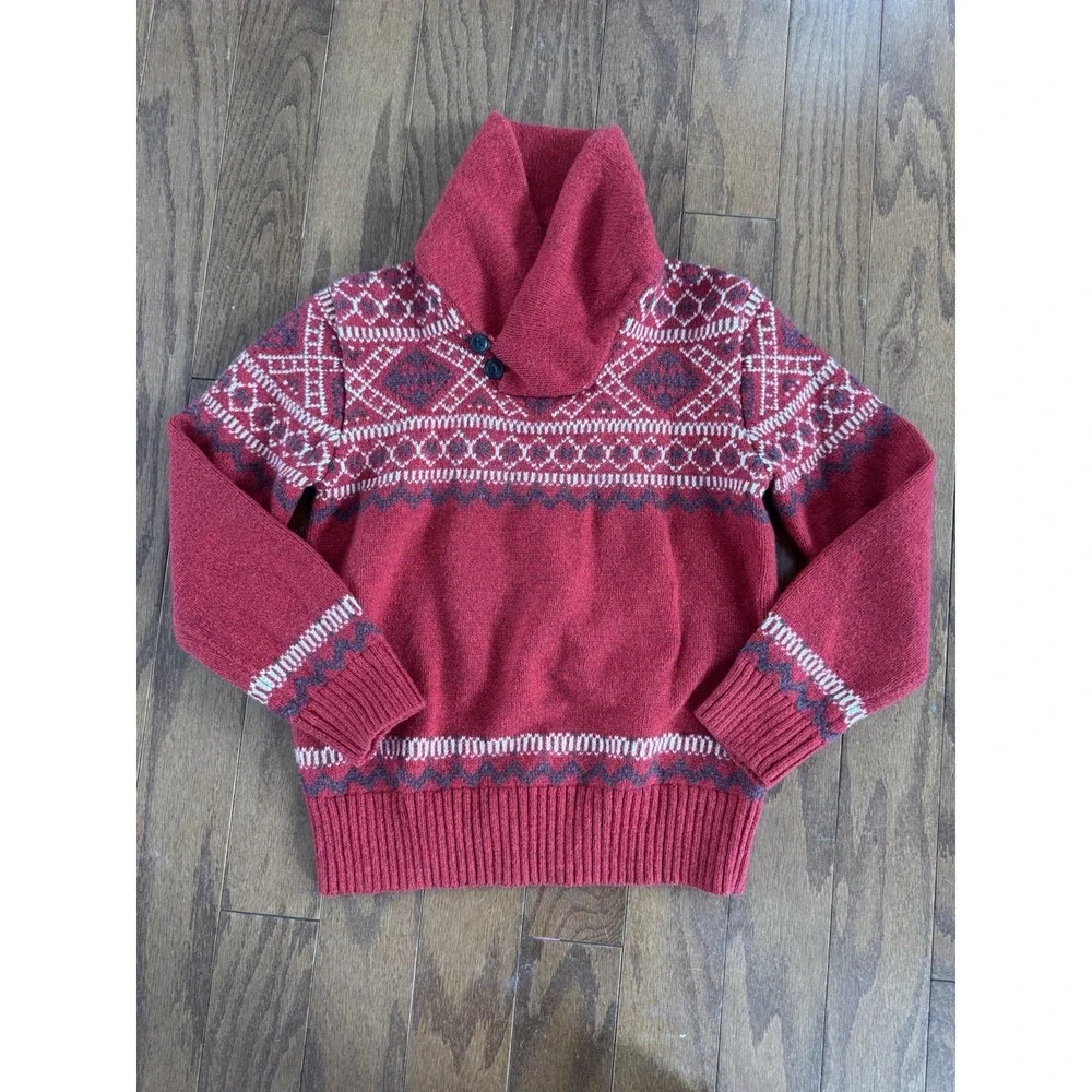 GAP Kids‎ Boys Christmas Holiday Sweater Size 8-10 Red Fair Isle Shawl Collar